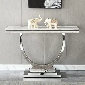 Luxe White Marble Coffee Table with Mirrored Stainless Steel Metal Base,