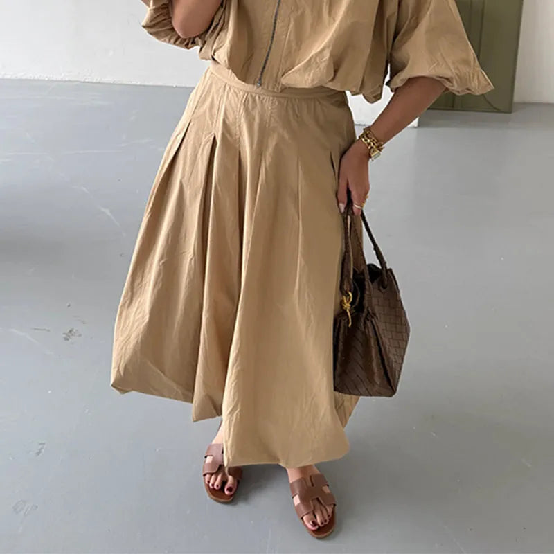 Linen Blend Zip Crop Top & Pleated Skirt ( Sold Separately)