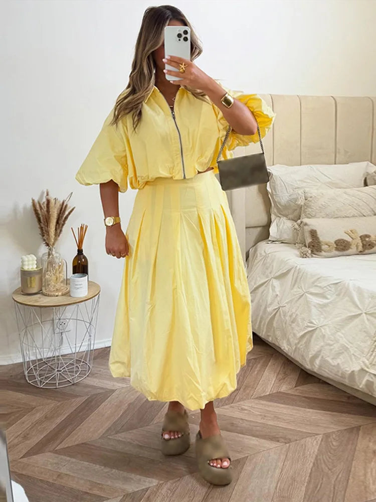 Linen Blend Zip Crop Top & Pleated Skirt ( Sold Separately)