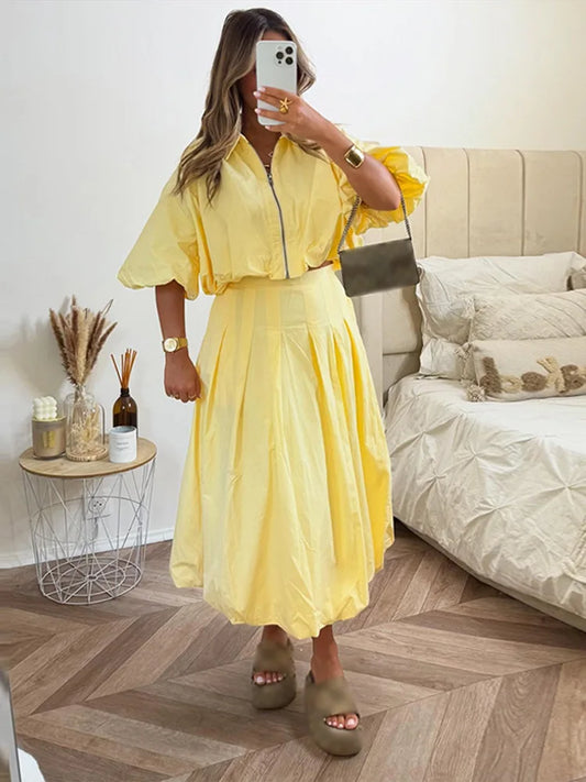 Linen Blend Zip Crop Top & Pleated Skirt ( Sold Separately)