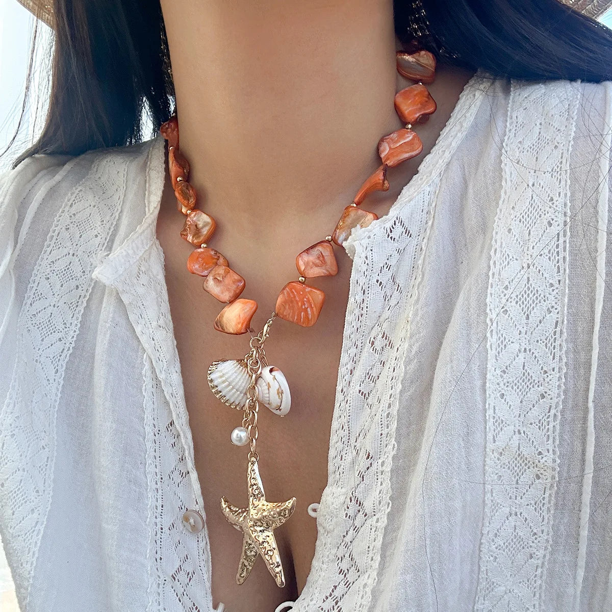 Starfish & Conch Shell Pendant Necklace