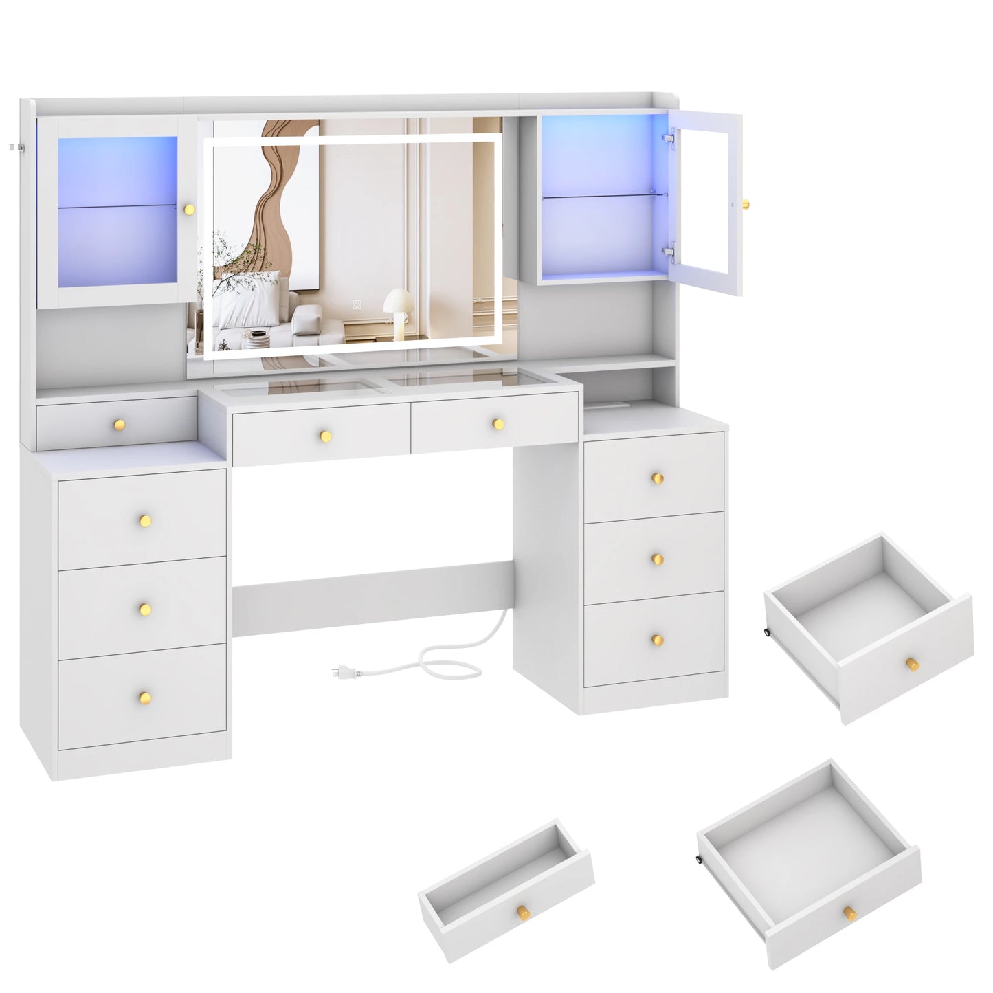 Dorm Style Makeup Vanity with Charging Station, Sliding Drawers, 2 Cabinets with Glass Door