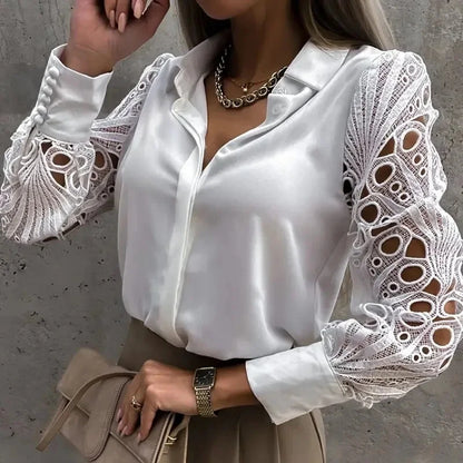 Elegant V-neck Blouse with Lace Sleeve Cut-out