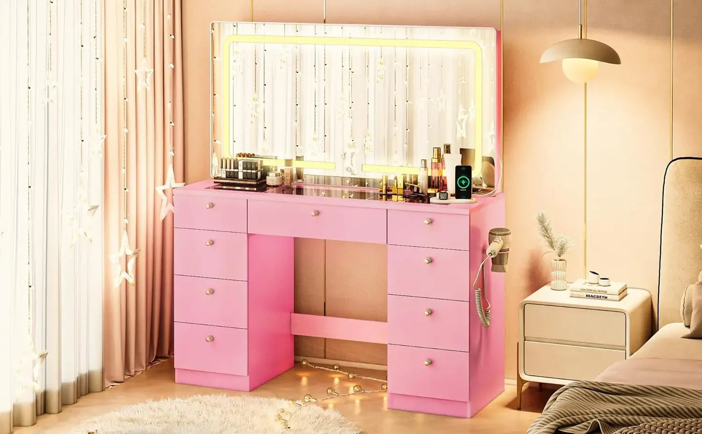 Glass Top Makeup Vanity Desk with Mirror & Lights