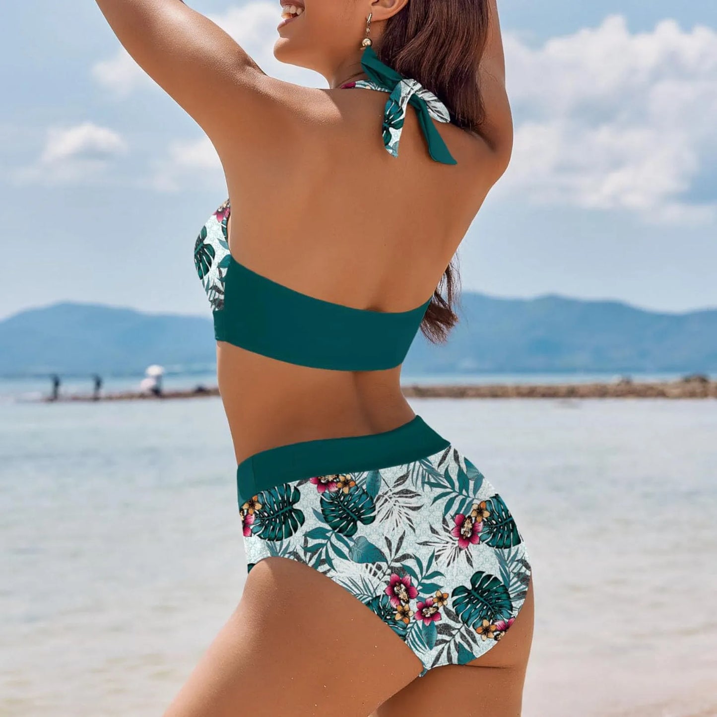 Color Block Floral High Waist Bikini Set