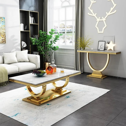 Luxe White Marble Coffee Table with Mirrored Stainless Steel Metal Base,