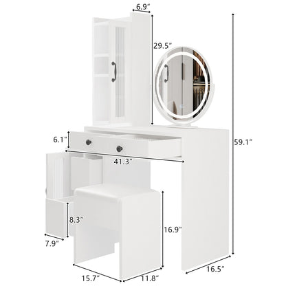 Sleek Makeup Vanity Table Set with Side Cabinet and LED Mirror