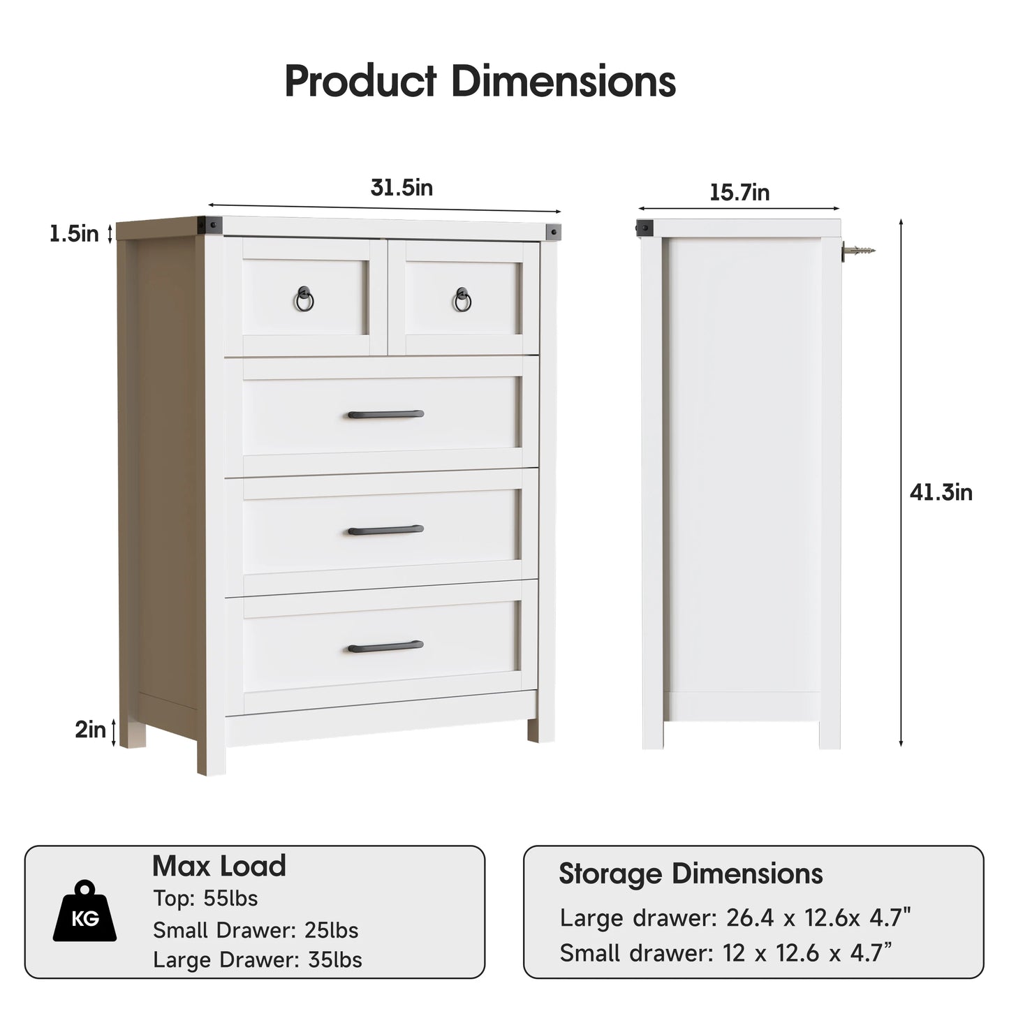 5 Drawer Chest of Drawers with Metal Handles  41'' Tall
