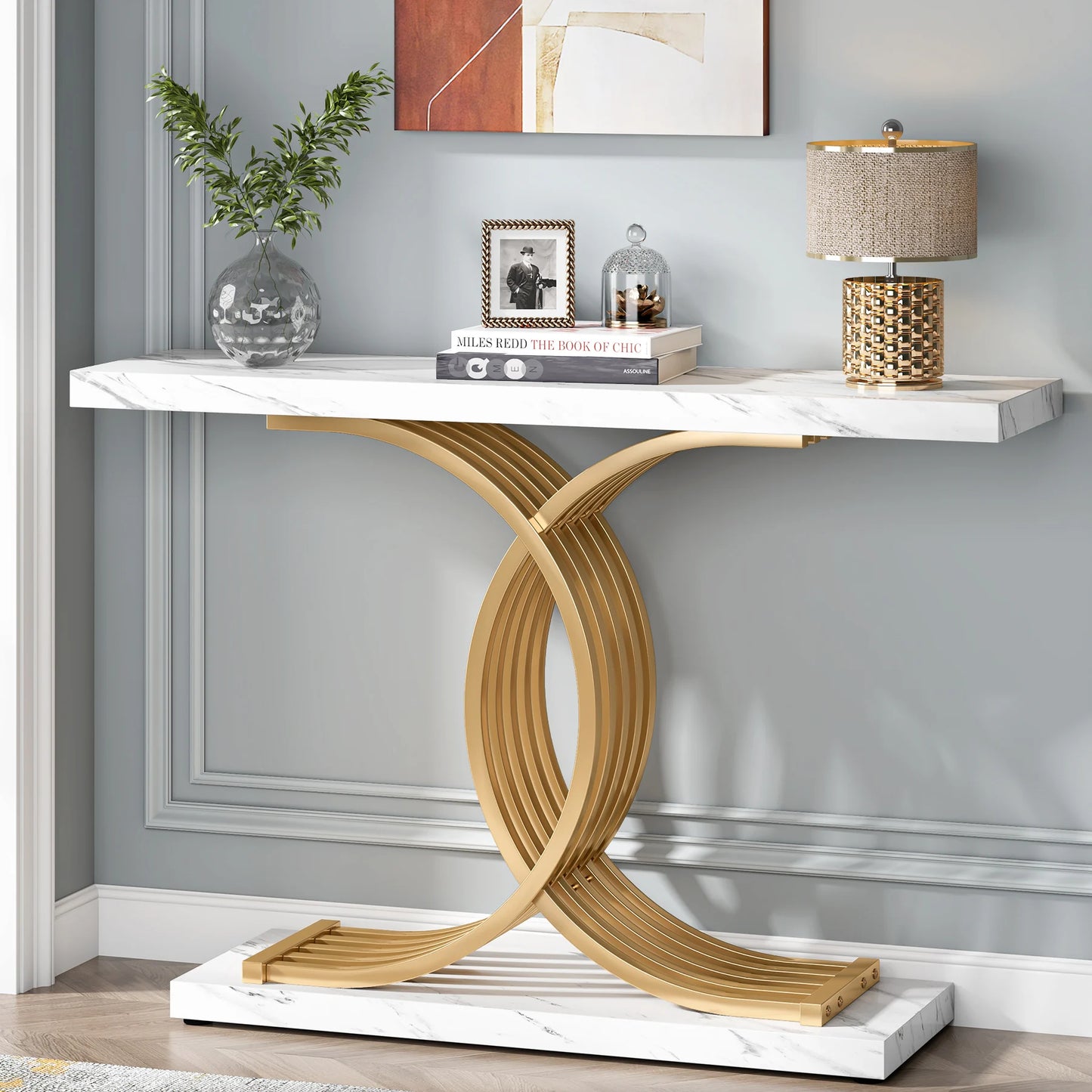Designer Gold Entryway Table With Faux Marble