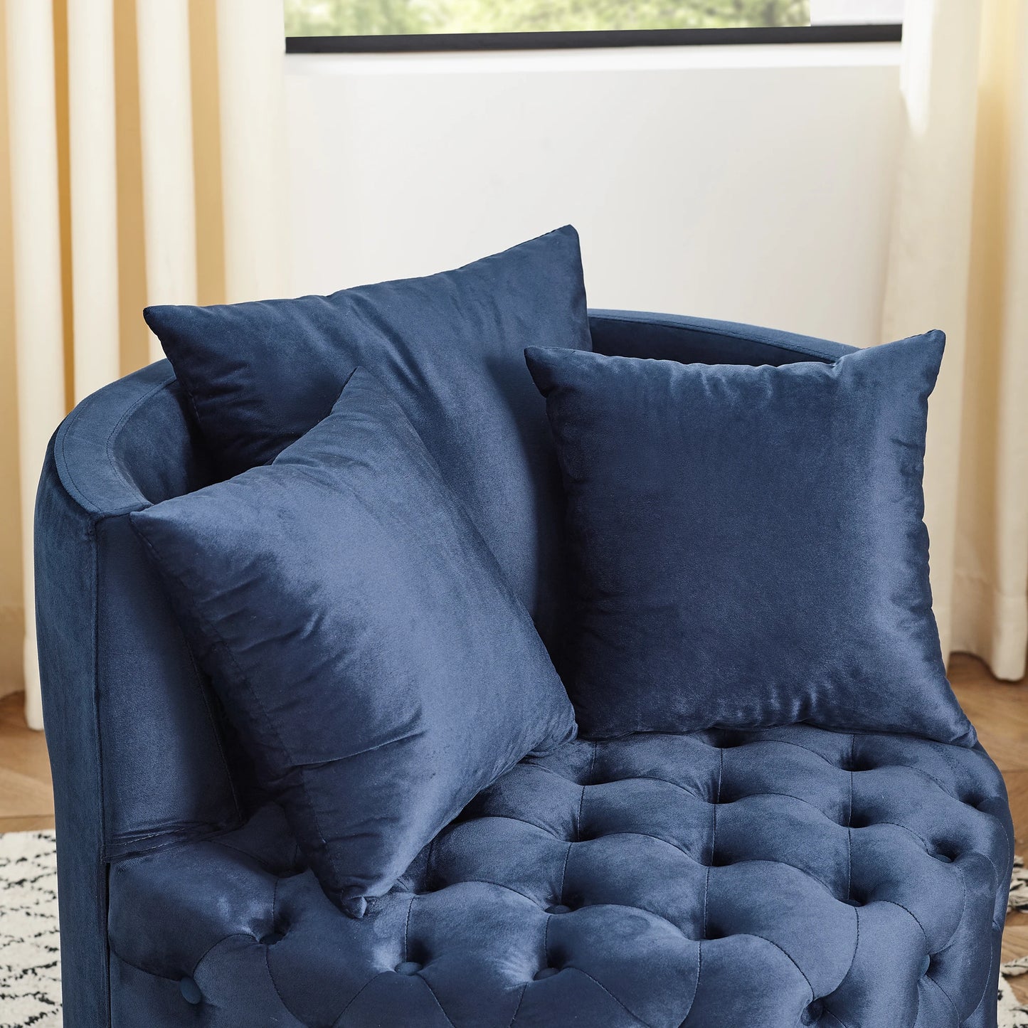 Tufted, Velvet Swivel Chair With Throw Pillows