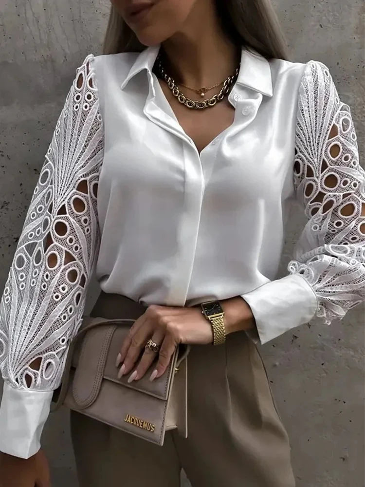 Elegant V-neck Blouse with Lace Sleeve Cut-out