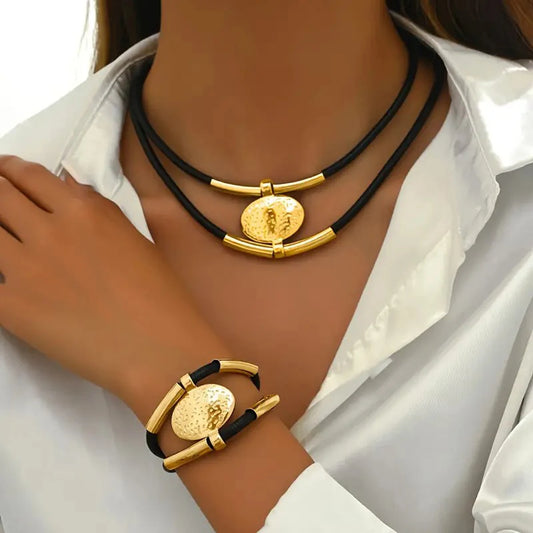 Faux Leather Necklace & Bracelet Set