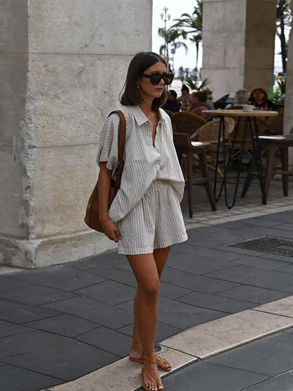 Breezy Linen Striped Shorts Set
