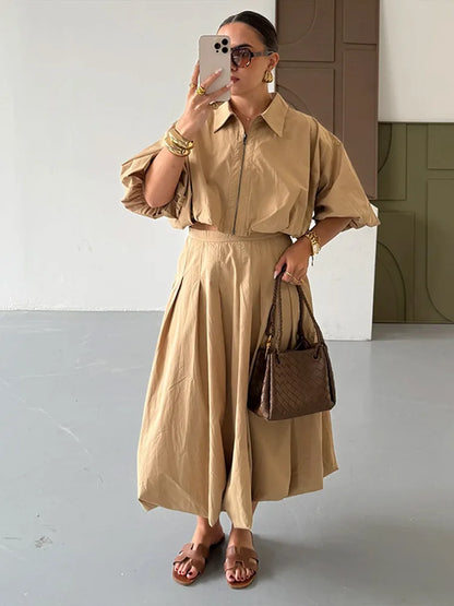 Linen Blend Zip Crop Top & Pleated Skirt ( Sold Separately)