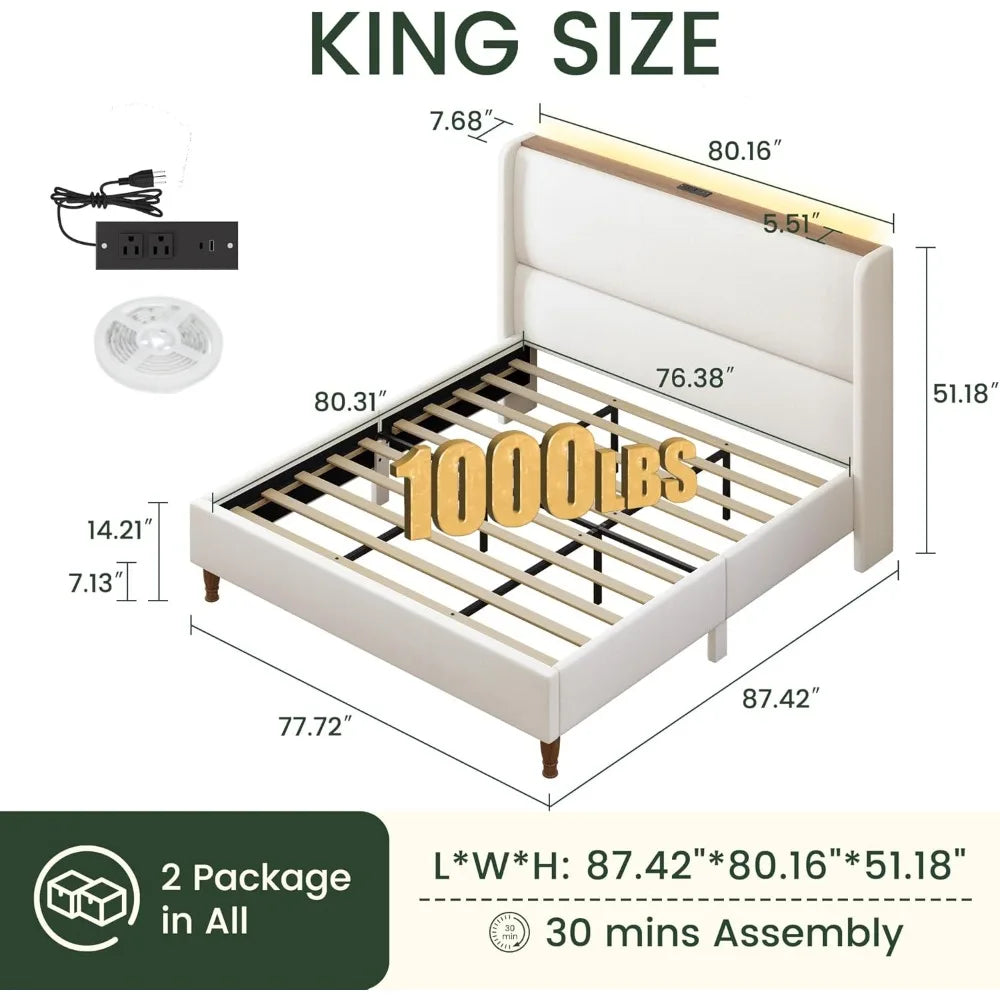 King Size Luxury Bed Frame with LED Lights and Charging Station