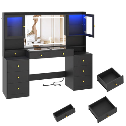 Dorm Style Makeup Vanity with Charging Station, Sliding Drawers, 2 Cabinets with Glass Door