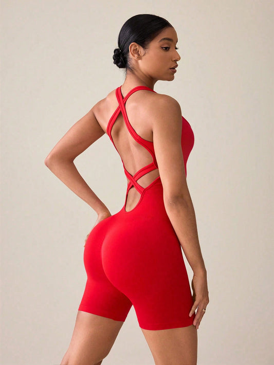 Slayoga Women'S Solid Color Backless Simple Sports Jumpsuit
