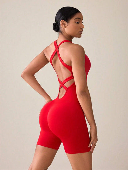 Slayoga Women'S Solid Color Backless Simple Sports Jumpsuit